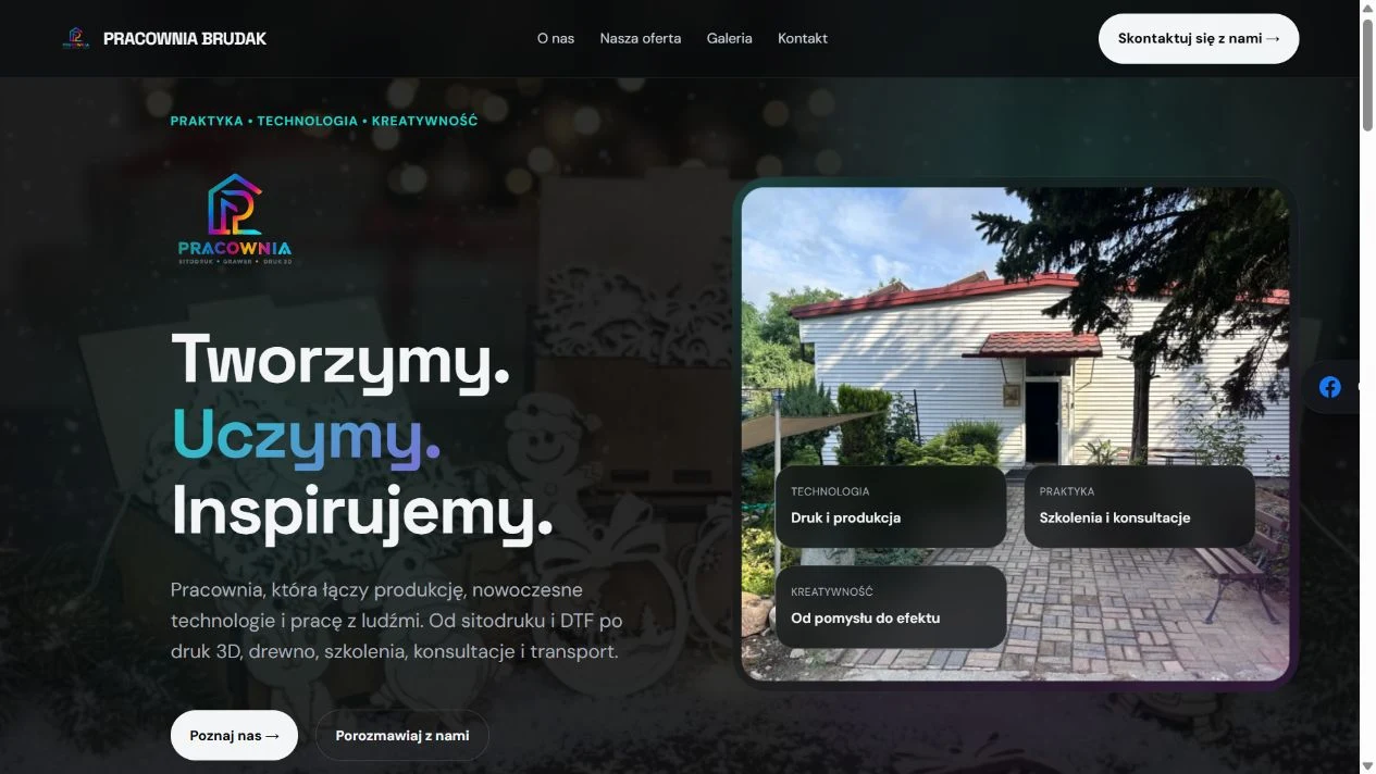Rzeczywisty podgląd strony Pracowni Brudak: ciemne tło, kolorowe akcenty i hasło Tworzymy. Uczymy. Inspirujemy.